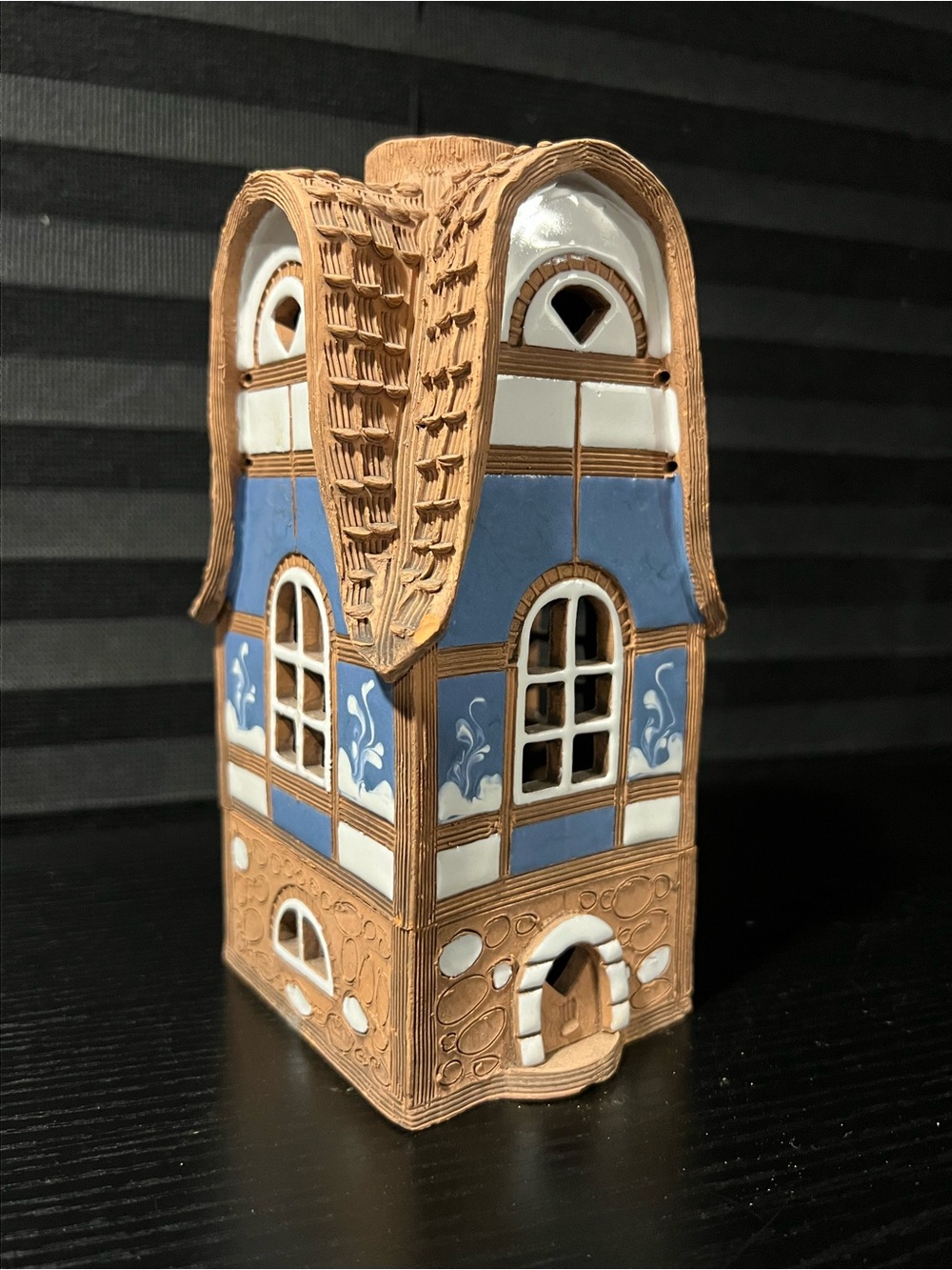 handcrafted ceramic or clay miniature house candle holder
